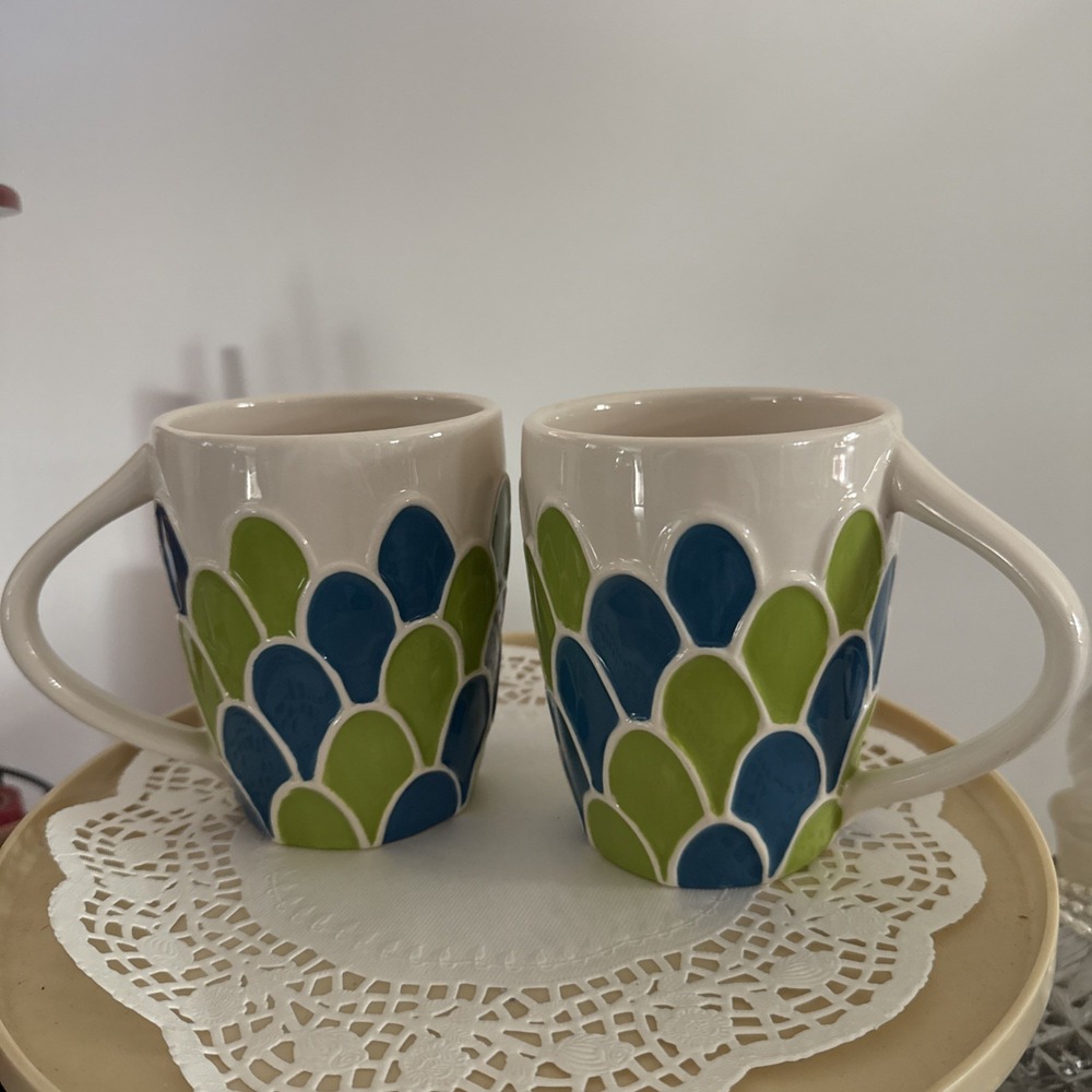 2009 Starbucks Mermaid Scale Mugs Set 2 Blue Green‎ 14oz Ceramic Coffee Cups